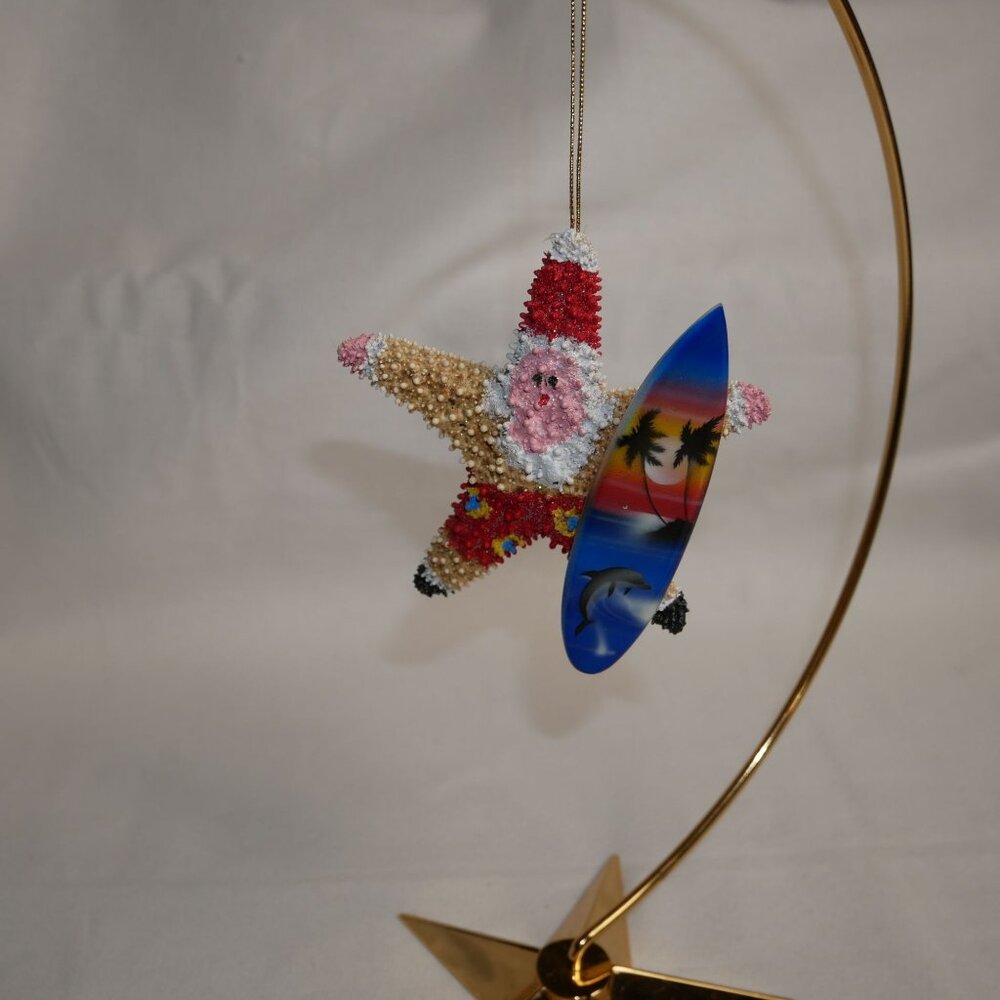 Starfish Surfer Santa Ornament With Blue Dolphin Wave Surfboard - Picture 3 of 3